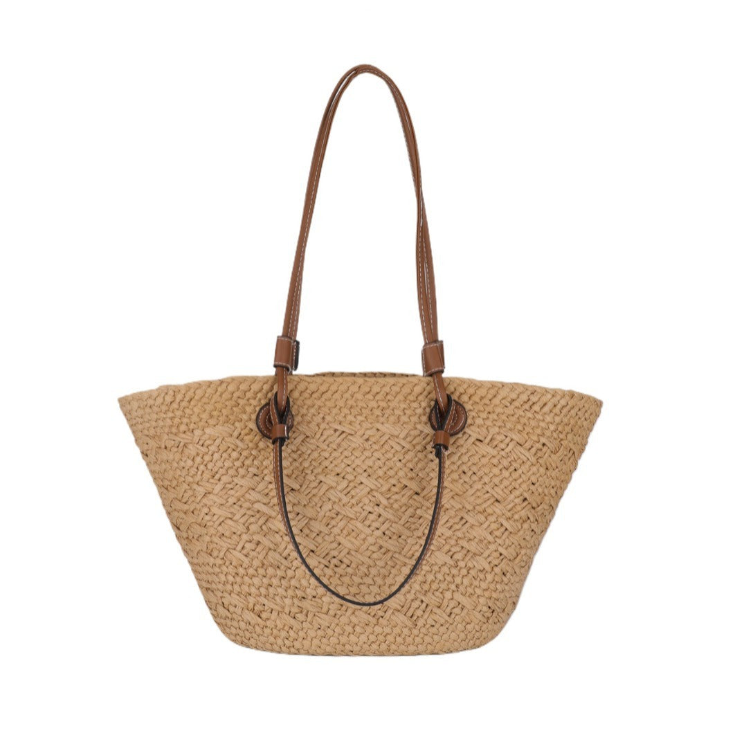 Woven Seaside Beach Bag with Open Pocket and Portable Straw Design - Teleplus woven bag seaside beach portable