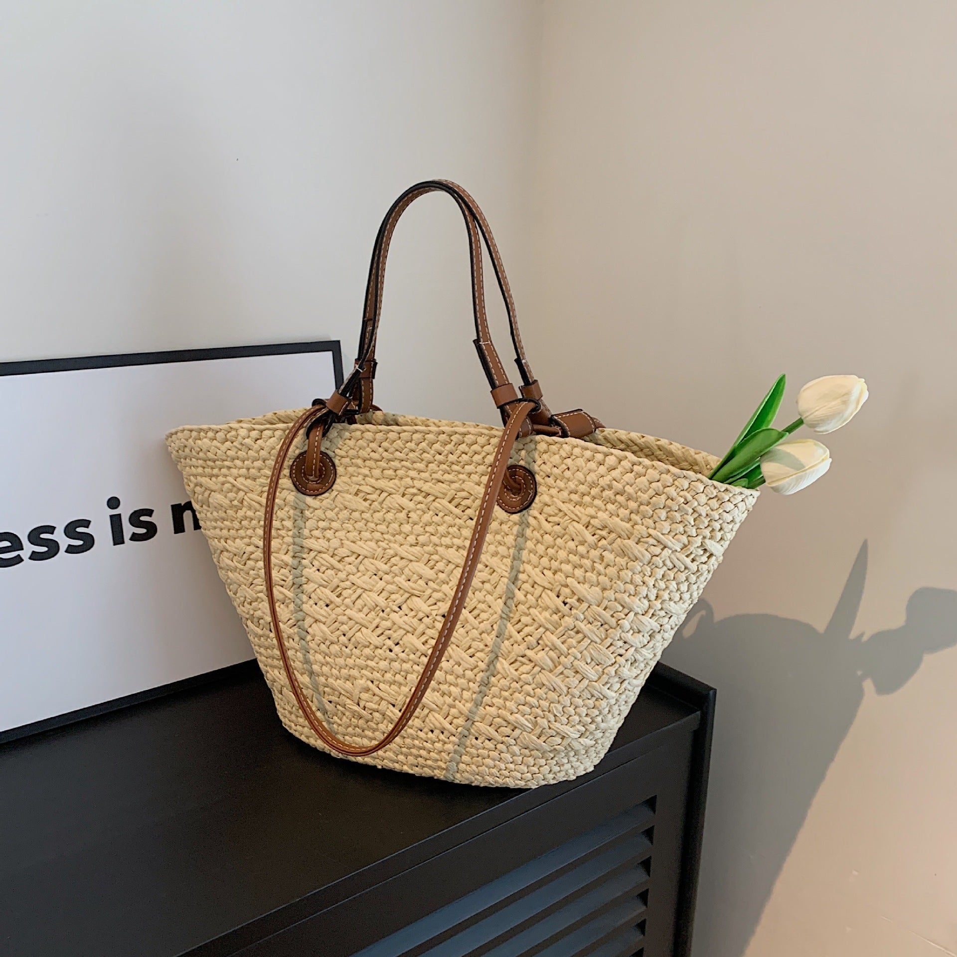 Woven Seaside Beach Bag with Open Pocket and Portable Straw Design - Teleplus woven bag seaside beach portable