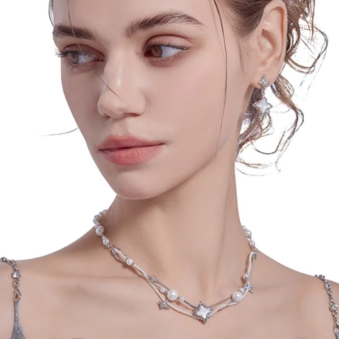 Luxury Woven Asterism Necklace and Earrings Set Copper-plated Gold Chain - XINGX Light light luxury woven asterism