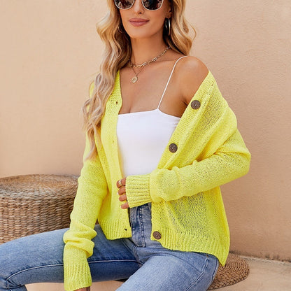 Yellow or Pink Knitted Cardigan Womens Button Up Lightweight Sweater S-XL - Teleplus knitted cardigan