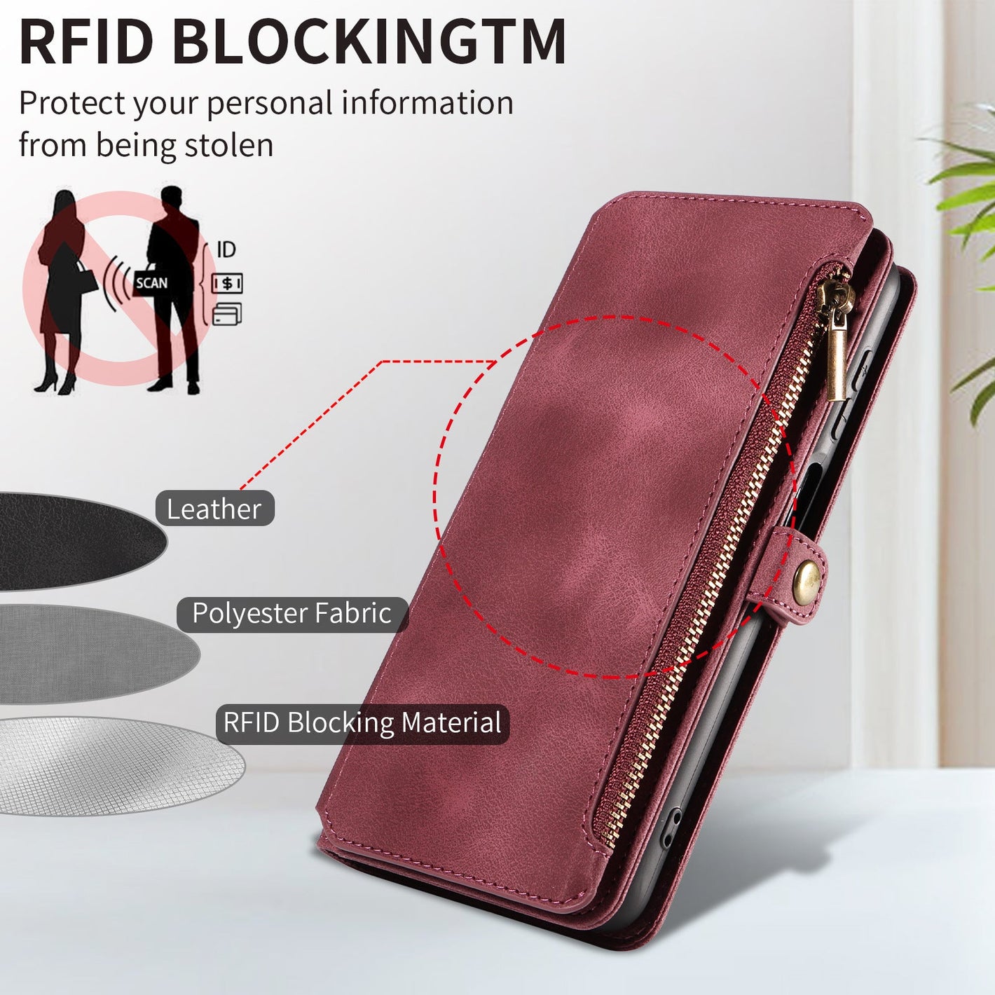 Leather case with magnetic suction bracket and lanyard in multiple colors - Zipper Case Magnetic Suction Features