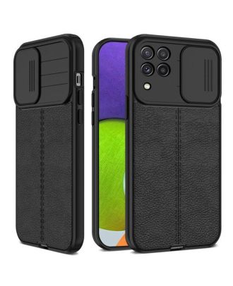 Samsung Galaxy M12 Hoesje Camera Sliding Leather Textured Matte Silicone