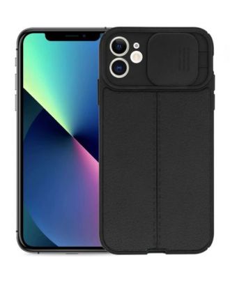 Apple iPhone 11 Case Camera Sliding Leather Textured Matte Silicone+Nano Glass Protector