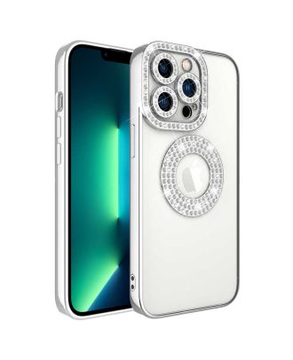 Apple iPhone 13 Pro Kılıf Kamera Korumalı Taş Süslemeli Arkası Şeffaf Silikon