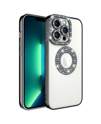Apple iPhone 13 Pro Max Case Camera Protection Stone Decorated Back Transparent Silicone