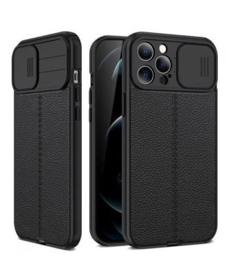 Apple iPhone 14 Pro Max Case Camera Sliding Leather Textured Matte Silicone+Nano