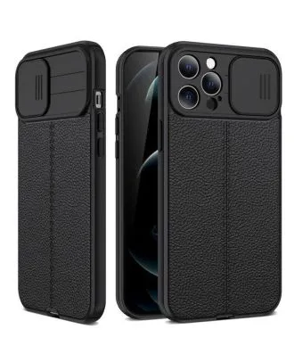 Apple iPhone 12 Pro Max Case Camera Sliding Leather Textured Matte Silicone